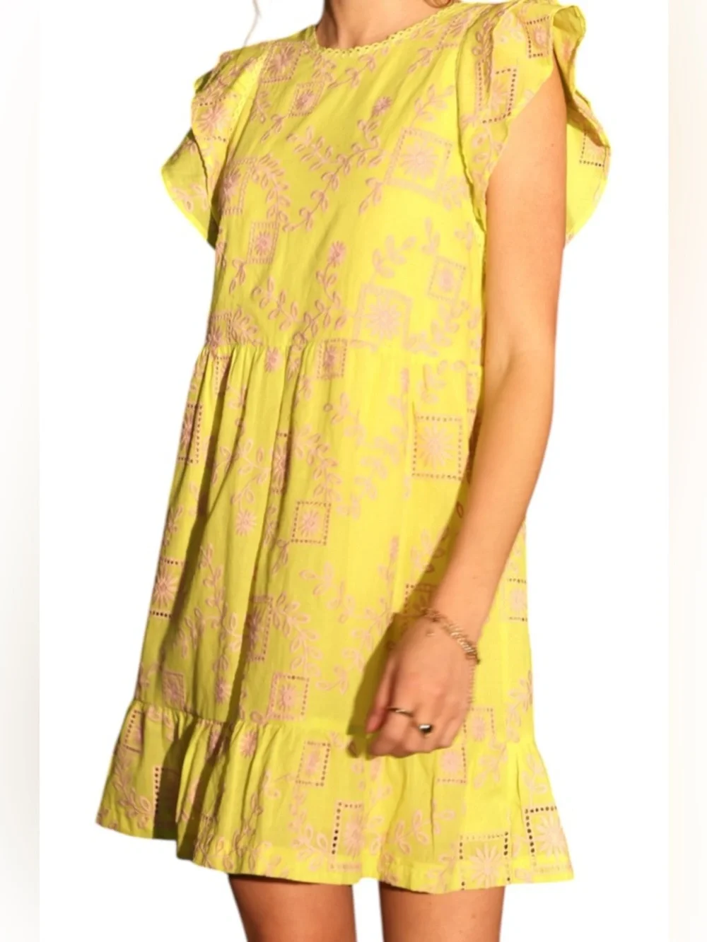 Adelyn Rae Pink Floral Embroidered Lorena Baby Doll Mini Dress Size XS Yellow